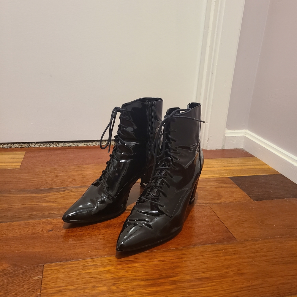 Calvin Klein Collection Black Patent Lace-Up Pointed-Toe Boots
